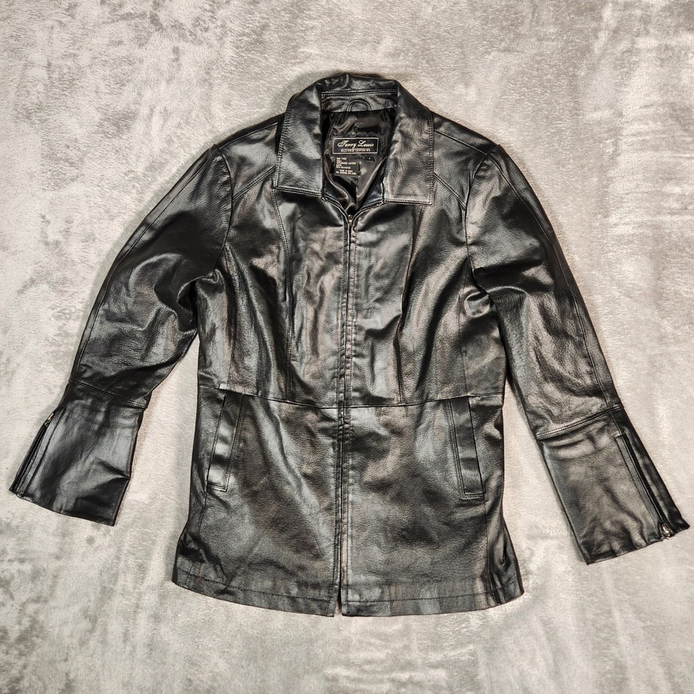 Terry Lewis Classic Luxuries‎ Womens Black Genuine Leather Jacket L Zip Front